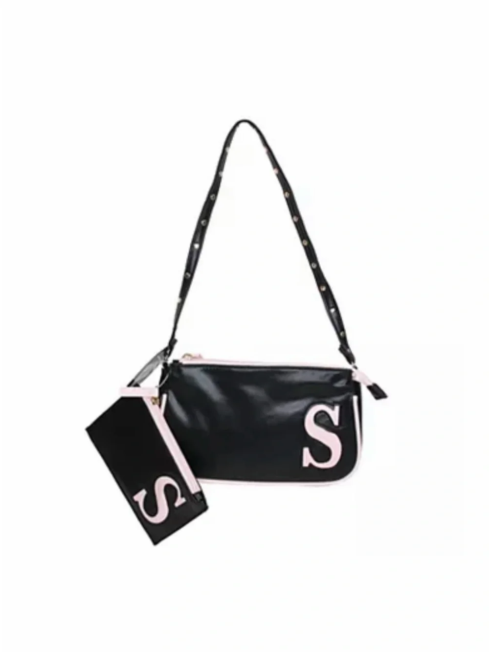 Black and Light Pink Letter S Shoulder Bag with change purse